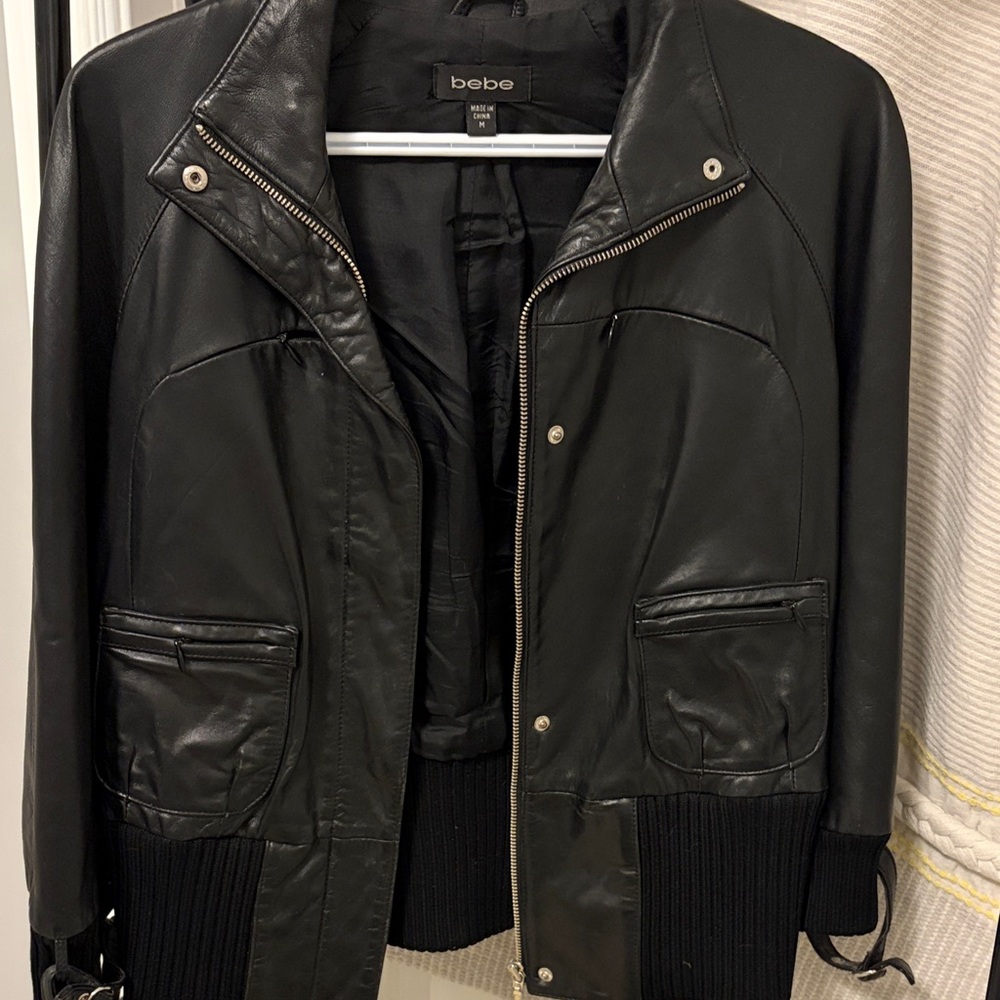Bebe Black Leather Jacket with Zipper